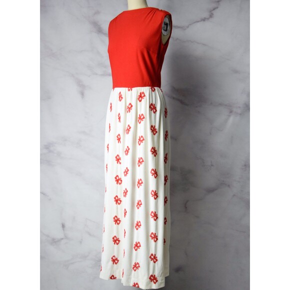1960s Maxi Dress Size Medium 60s Red and White Gown Embroidered Bows Dress - Picture 3 of 10